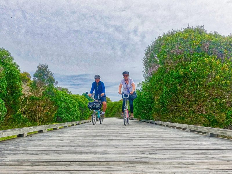 Cyclist riding along a scenic European cycle path through nature