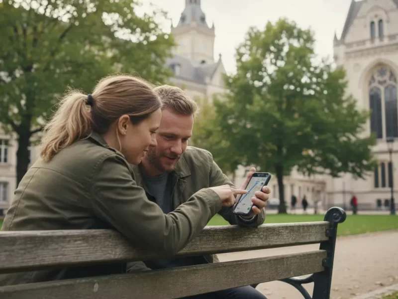 Twee personen buigen over een smartphone, waarbij ze samen een route op een navigatie-app bekijken