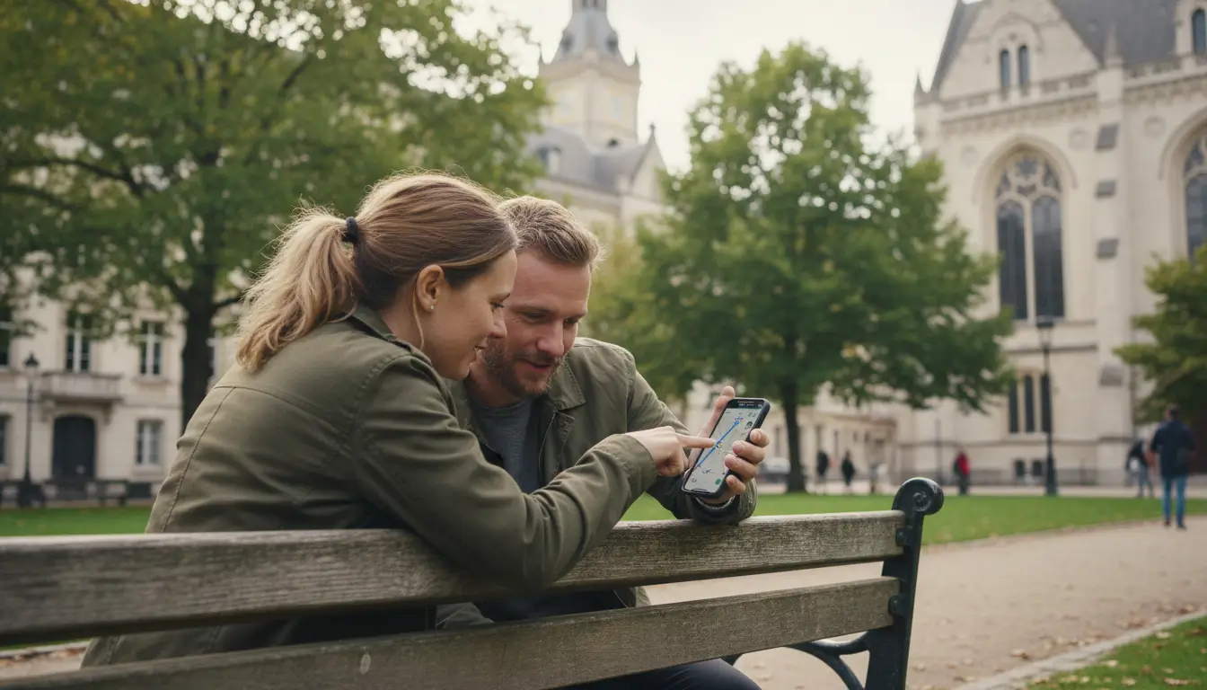 Twee personen buigen over een smartphone, waarbij ze samen een route op een navigatie-app bekijken