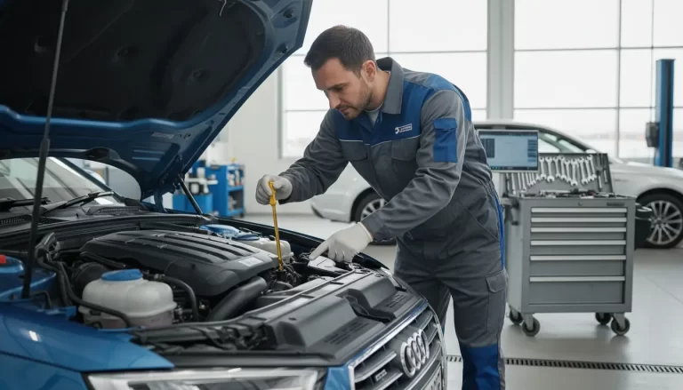 Een deskundige monteur, gekleed in een professioneel uniform, inspecteert nauwkeurig de motorruimte van een auto, specifiek gericht op het controleren van vloeistofniveaus (olie, koelvloeistof, remvloeistof) met behulp van een peilstok of door in reservoirs te kijken. Zijn handen zijn duidelijk zichtbaar en actief bezig met de taak.