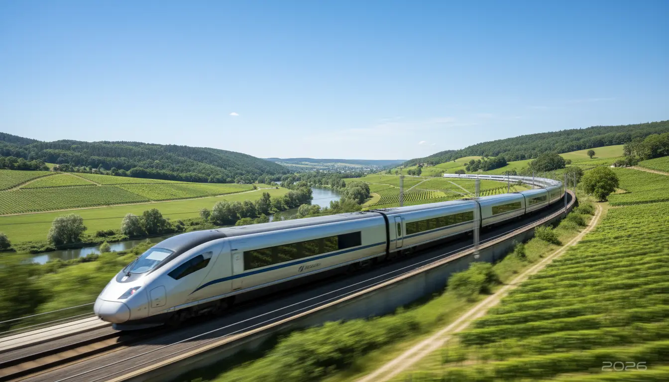 Een slanke, moderne Europese hogesnelheidstrein (bijv. TGV, ICE).
