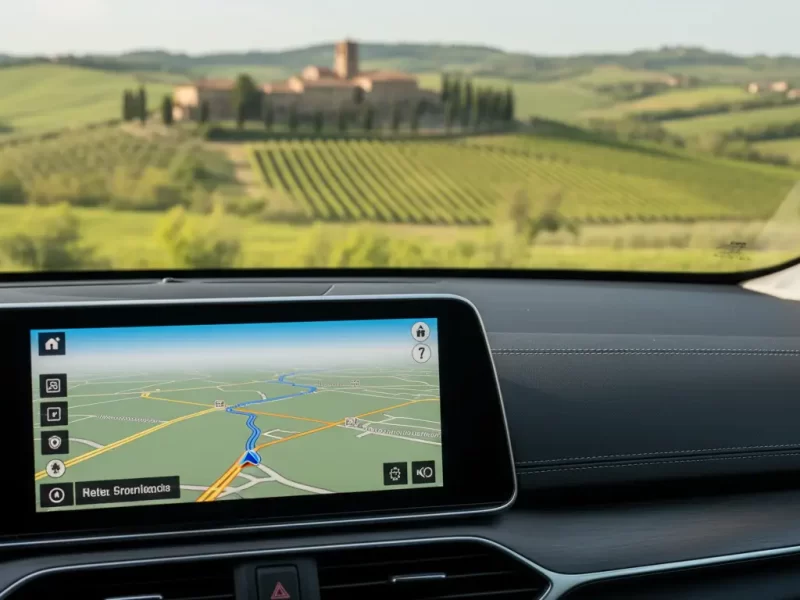 Een close-up van een wegenkaart of navigatiesysteem op het dashboard.