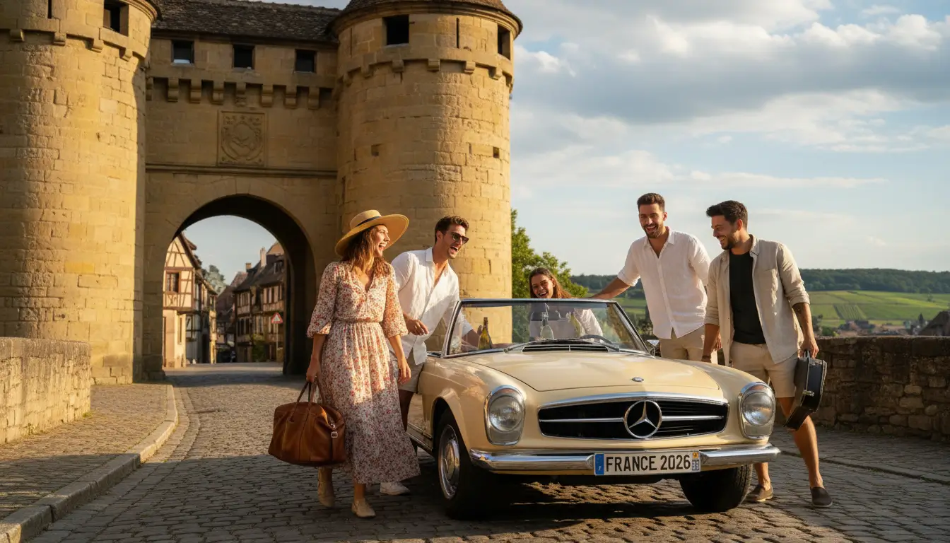 Een groep vrienden die lachend uit een auto stapt.