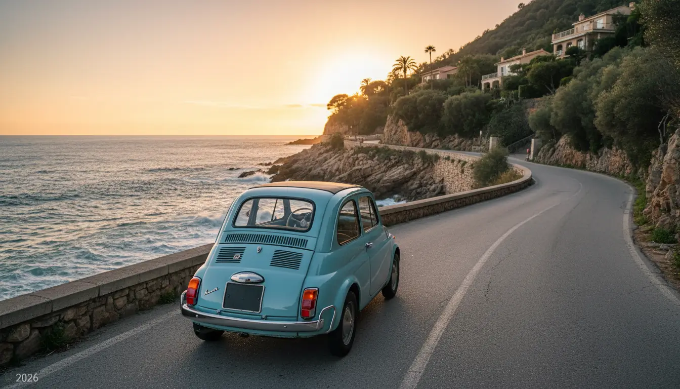 Een klassieke vintage auto (bijv. een Fiat 500 of Renault 4) van achteren gezien.