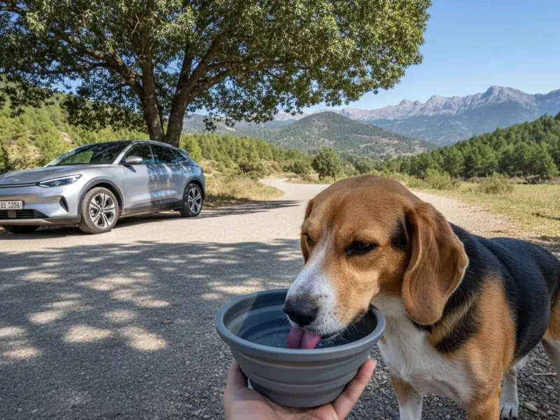 Een hond van gemiddelde grootte (bijv. Beagler) drinkt enthousiast en morsvrij water uit een innovatieve, opvouwbare reiswaterbak.
