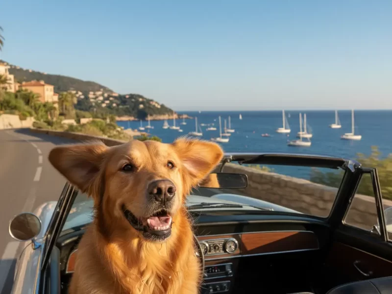 Een hond met zijn kop veilig uit het autoraam, de oren wapperend in de wind, genietend van de frisse lucht.