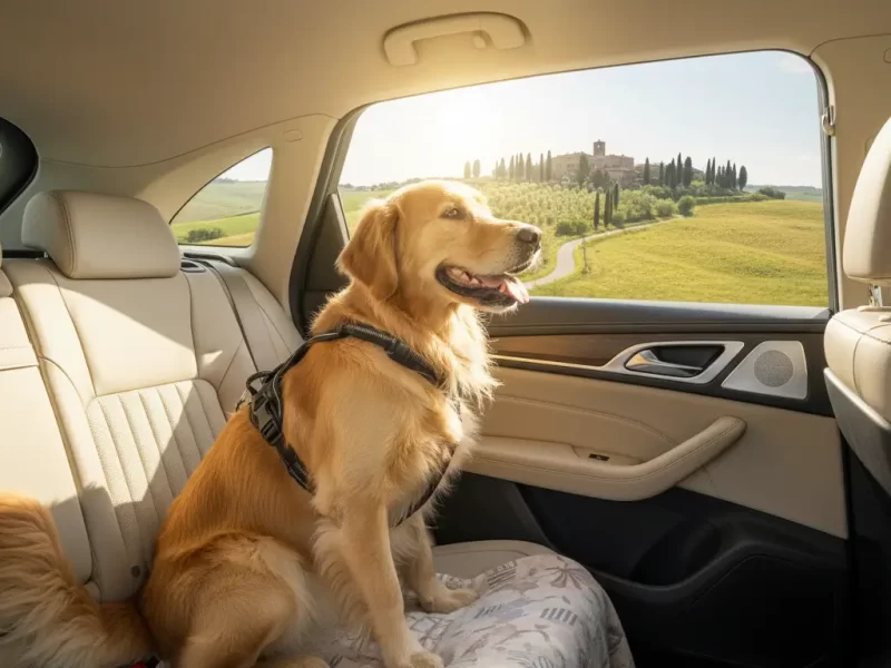 Een vrolijke Golden Retriever zit comfortabel en veilig op de achterbank van een moderne, schone auto, kijkend naar buiten met kwispelende staart.
