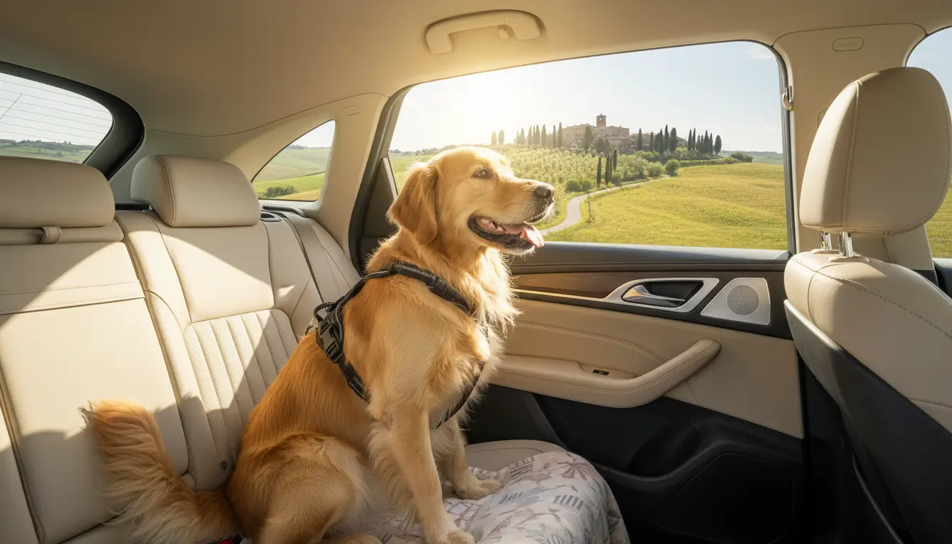 Een vrolijke Golden Retriever zit comfortabel en veilig op de achterbank van een moderne, schone auto, kijkend naar buiten met kwispelende staart.