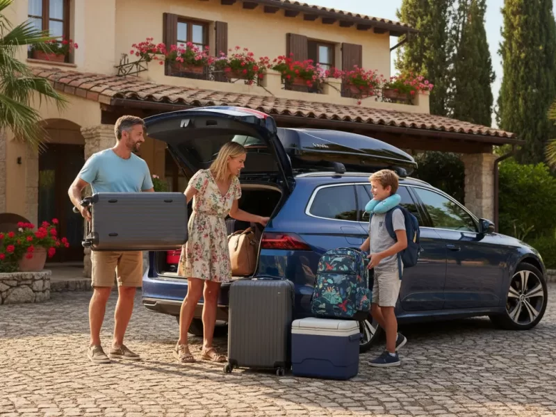 Een gezin (twee volwassenen, twee kinderen) dat koffers en rugzakken in de ruime kofferbak van een stationwagen laadt.
