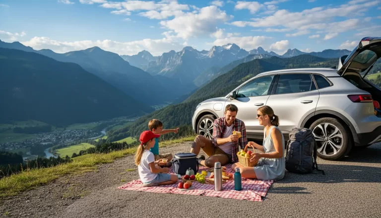 Twee kinderen en hun ouders die ontspannen picknicken op een kleed naast de geparkeerde auto.