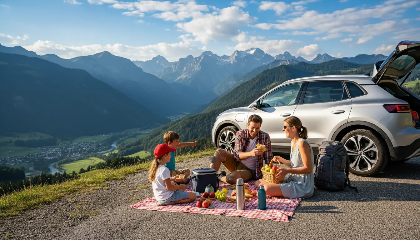 Twee kinderen en hun ouders die ontspannen picknicken op een kleed naast de geparkeerde auto.