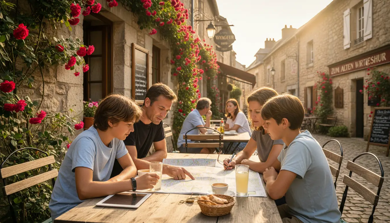 Een familie (ouders en twee kinderen) gebogen over een grote, uitgevouwen wegenkaart op een tafel.