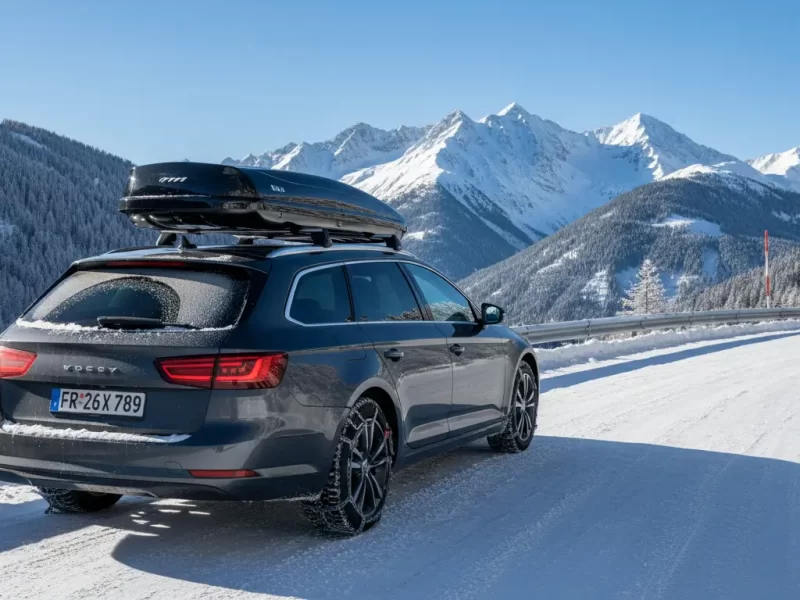 De achterkant van een moderne stationwagon met een skibox op het dak, zichtbaar besneeuwde achterruit en sneeuwkettingen om de achterbanden.