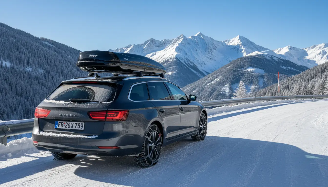 De achterkant van een moderne stationwagon met een skibox op het dak, zichtbaar besneeuwde achterruit en sneeuwkettingen om de achterbanden.