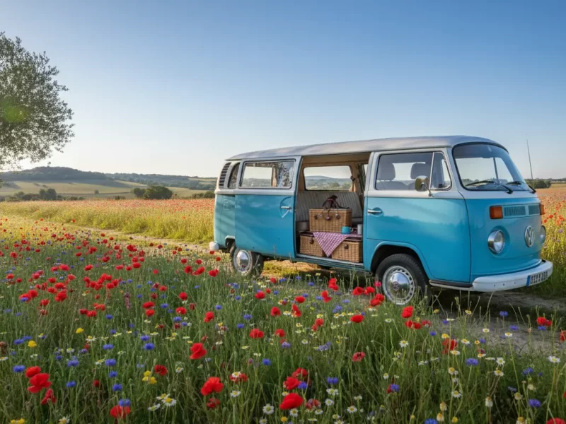 Een klassieke vintage camperbus (bijv. VW T1 of T2 model), geparkeerd met de zijdeur open, waaruit een rotan picknickmand en een geruite deken te zien zijn.