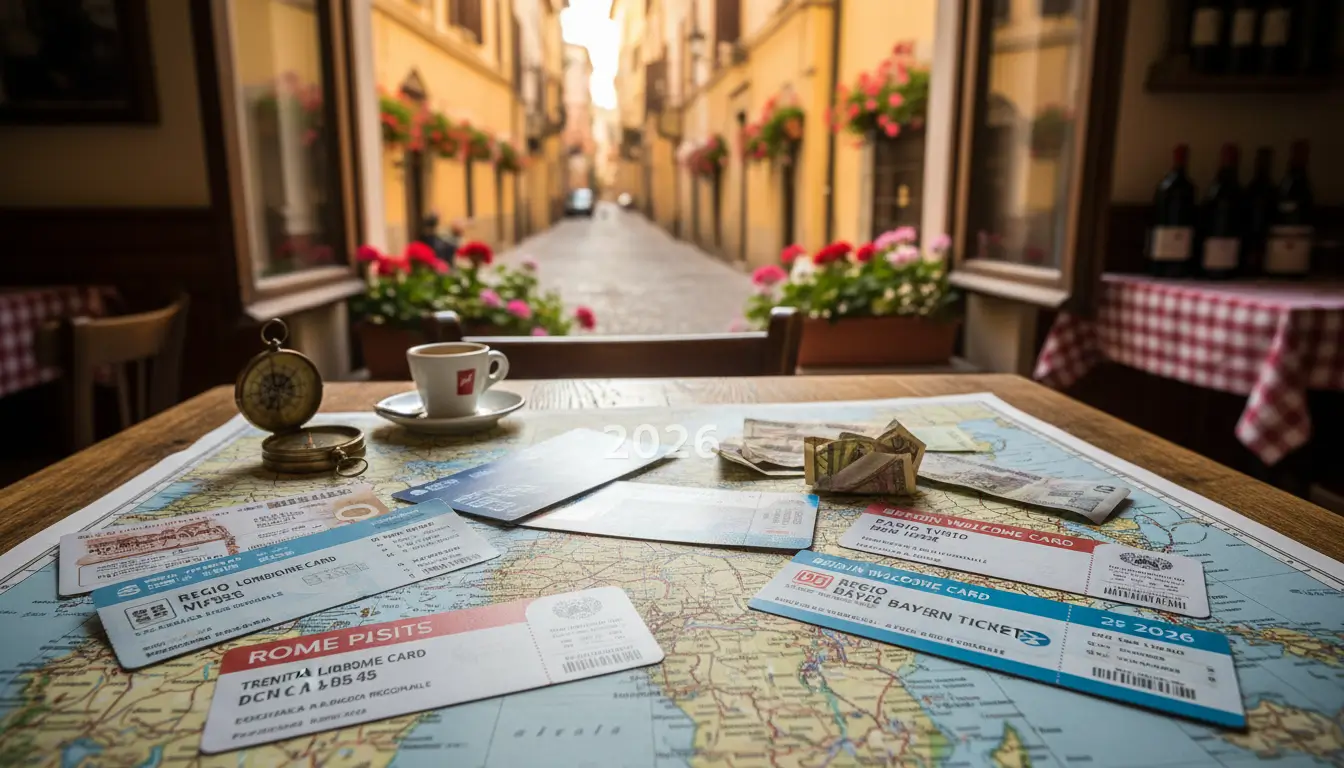 Een assortiment van verschillende stadspassen en regionale treinkaartjes netjes geordend op een uitgevouwen Europese reiskaart.