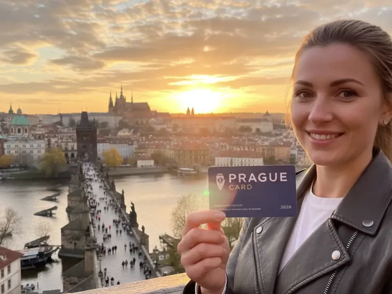 Een glimlachende vrouw toont een citycard aan de camera.