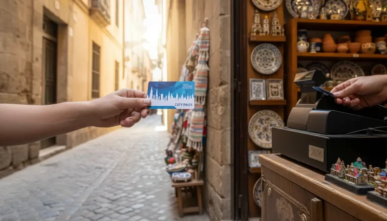 Een hand die een citycard aanbiedt bij de kassa van een klein souvenirwinkeltje.