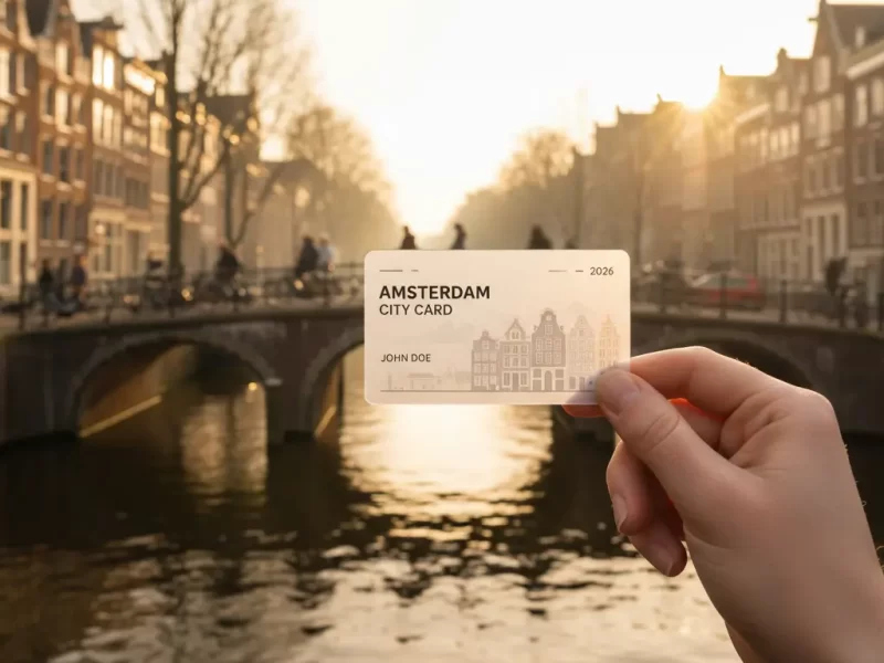 Een close-up van een hand die een modern, gepersonaliseerd citycard (bijvoorbeeld met de naam 'Amsterdam City Card') vasthoudt.