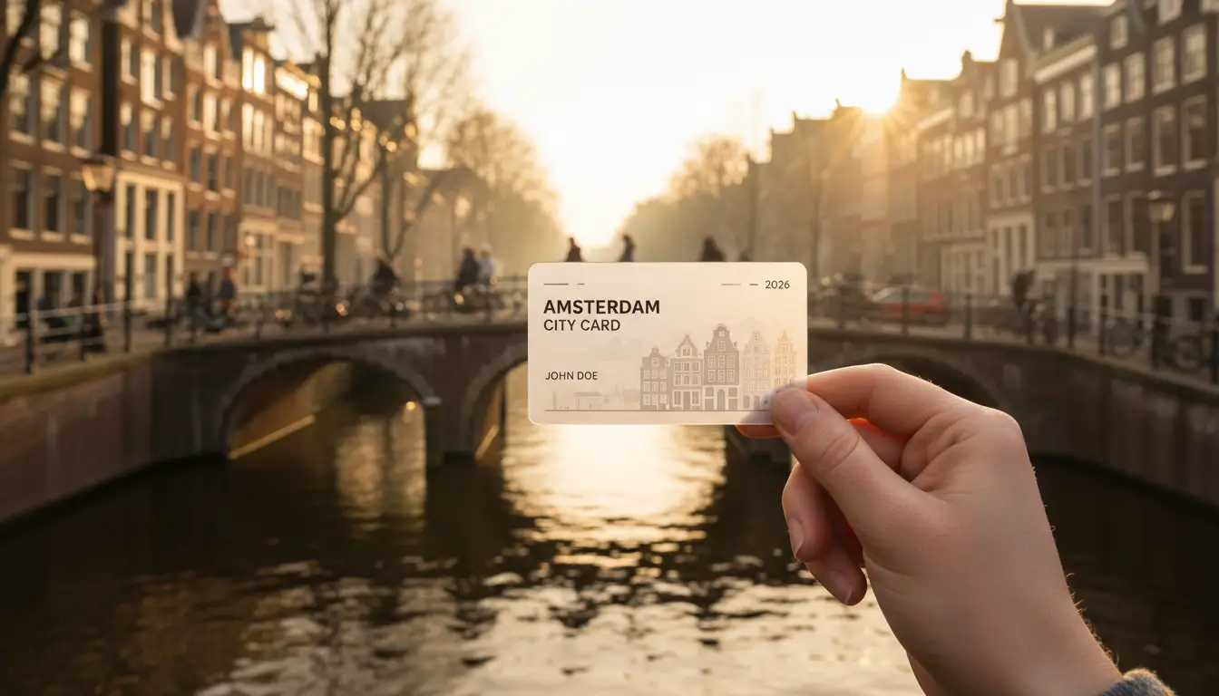 Een close-up van een hand die een modern, gepersonaliseerd citycard (bijvoorbeeld met de naam 'Amsterdam City Card') vasthoudt.