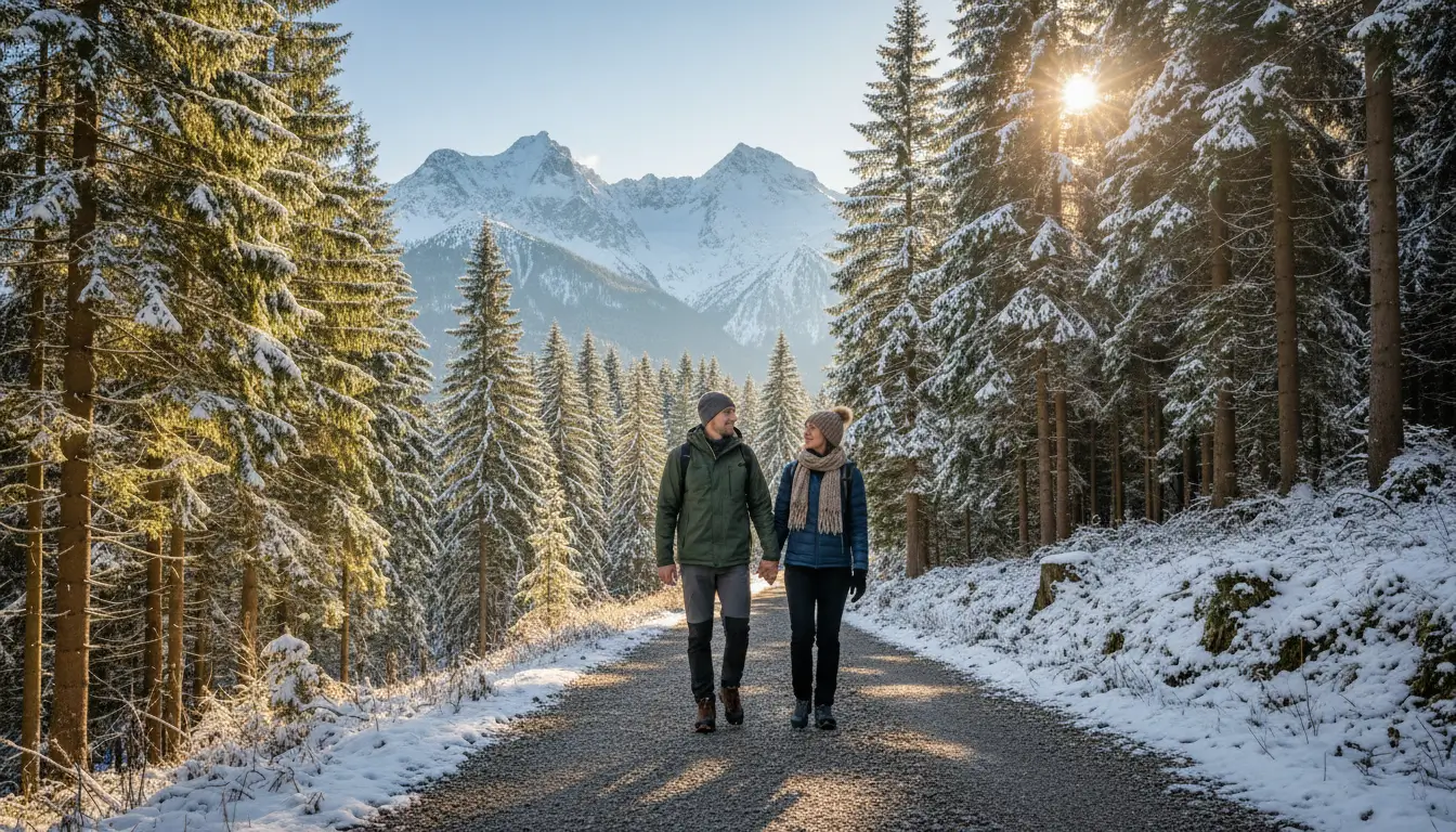Een koppel wandelt over een grindpad door een bos.