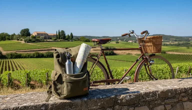 Een rugzak met een herbruikbare waterfles en een landkaart, geplaatst naast een oude fiets.