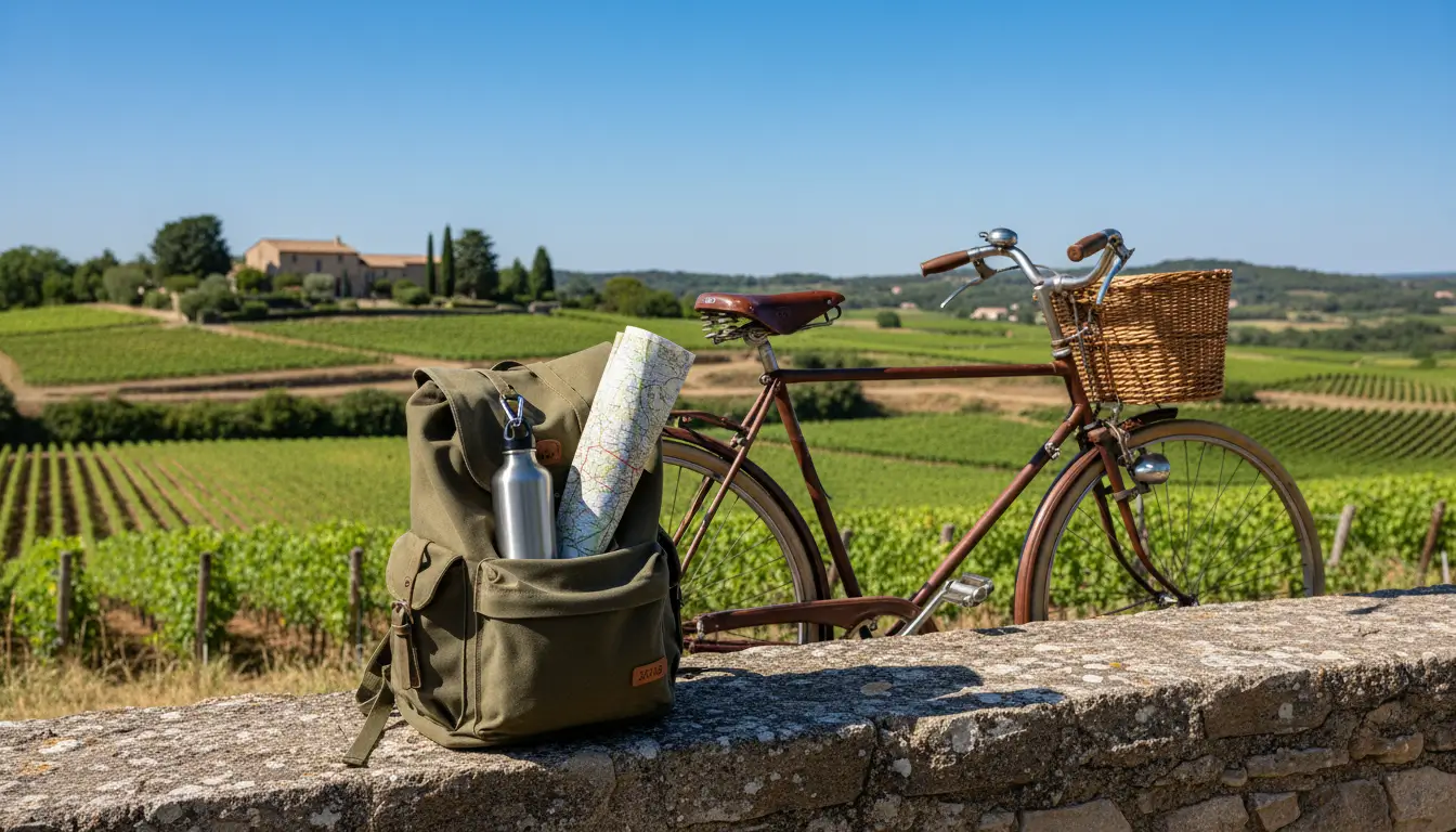 Een rugzak met een herbruikbare waterfles en een landkaart, geplaatst naast een oude fiets.
