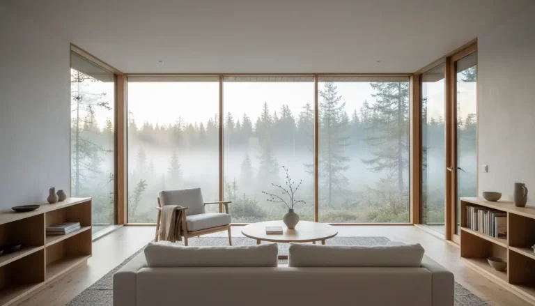 Interieur van een lichte, minimalistische woonkamer in een ecolodge, met grote ramen