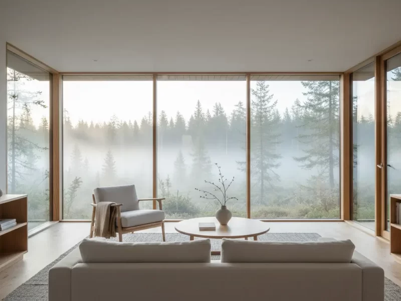 Interieur van een lichte, minimalistische woonkamer in een ecolodge, met grote ramen