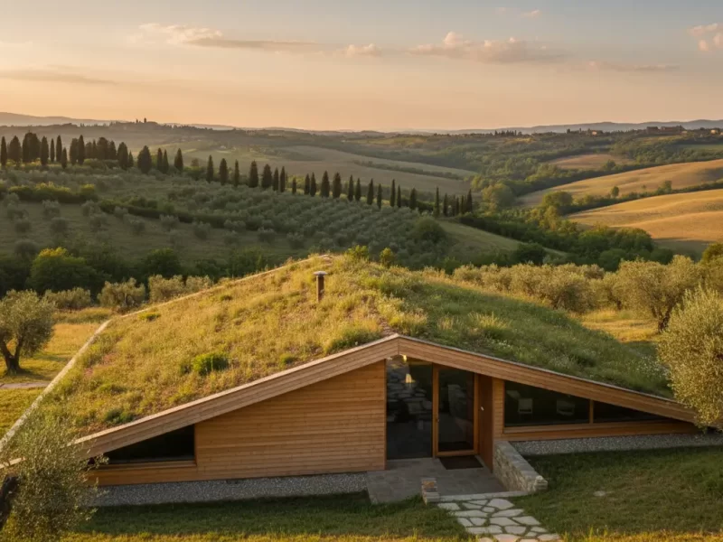 Een architectonisch houten ecolodge gebouw met een levend groen dak