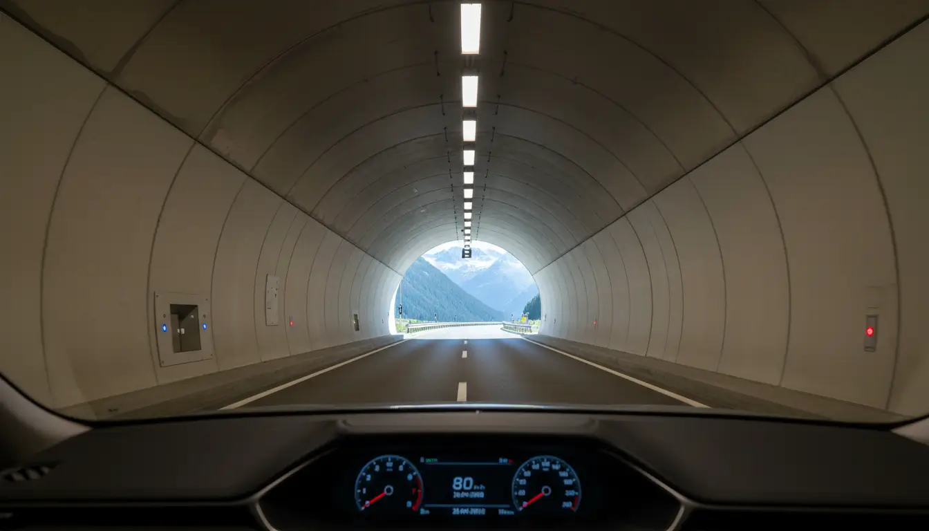 The illuminated interior of a road tunnel.