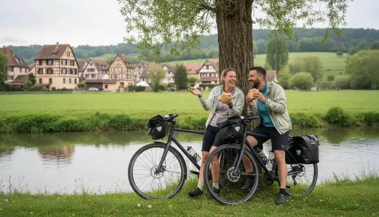 Een stel dat lachend een broodje eet naast hun fietsen, leunend tegen een boom.