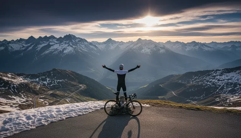 Een fietser in fietskleding die met zijn armen wijd gespreid geniet van het uitzicht.
