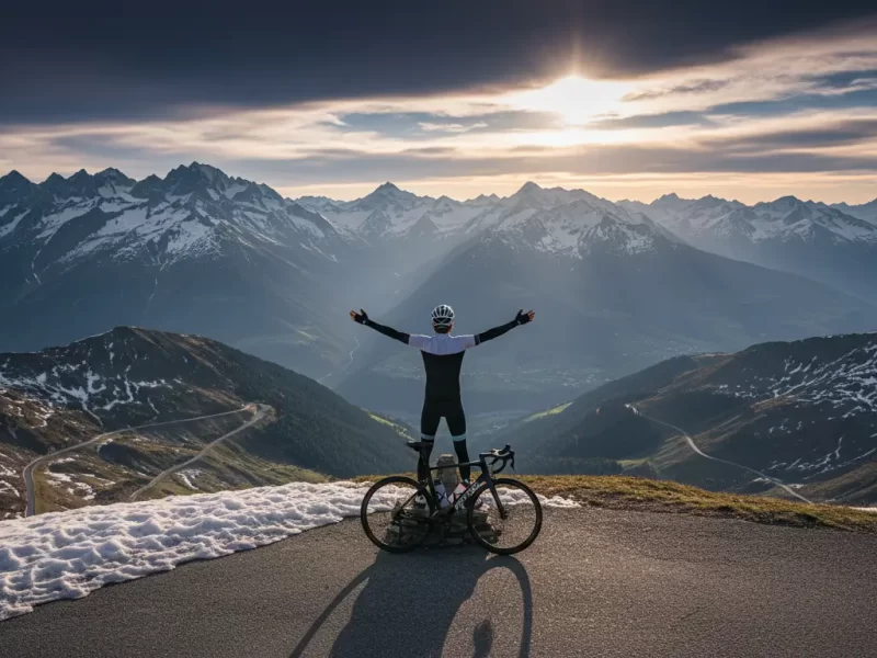 Een fietser in fietskleding die met zijn armen wijd gespreid geniet van het uitzicht.