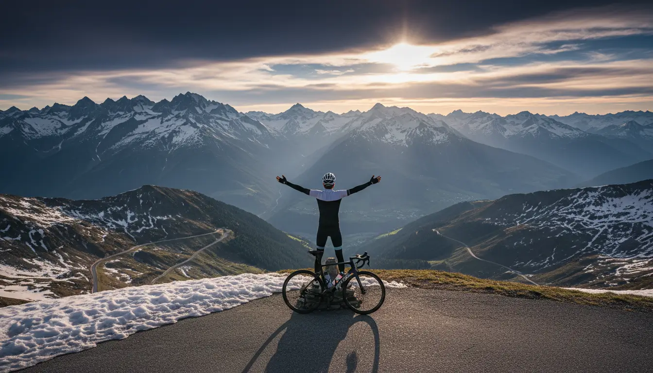 Een fietser in fietskleding die met zijn armen wijd gespreid geniet van het uitzicht.