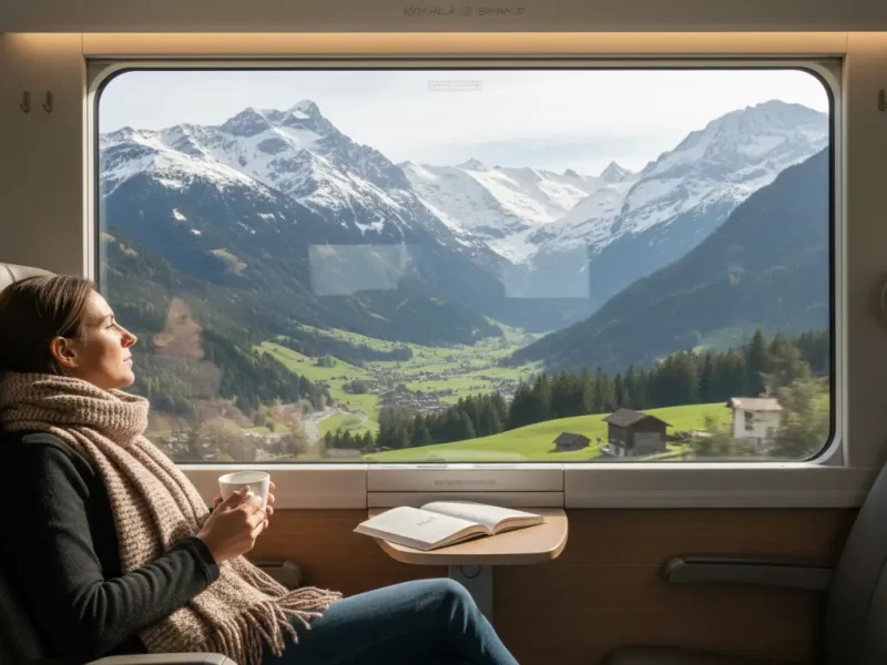 Een reiziger die uit het raam kijkt van een treinwagon