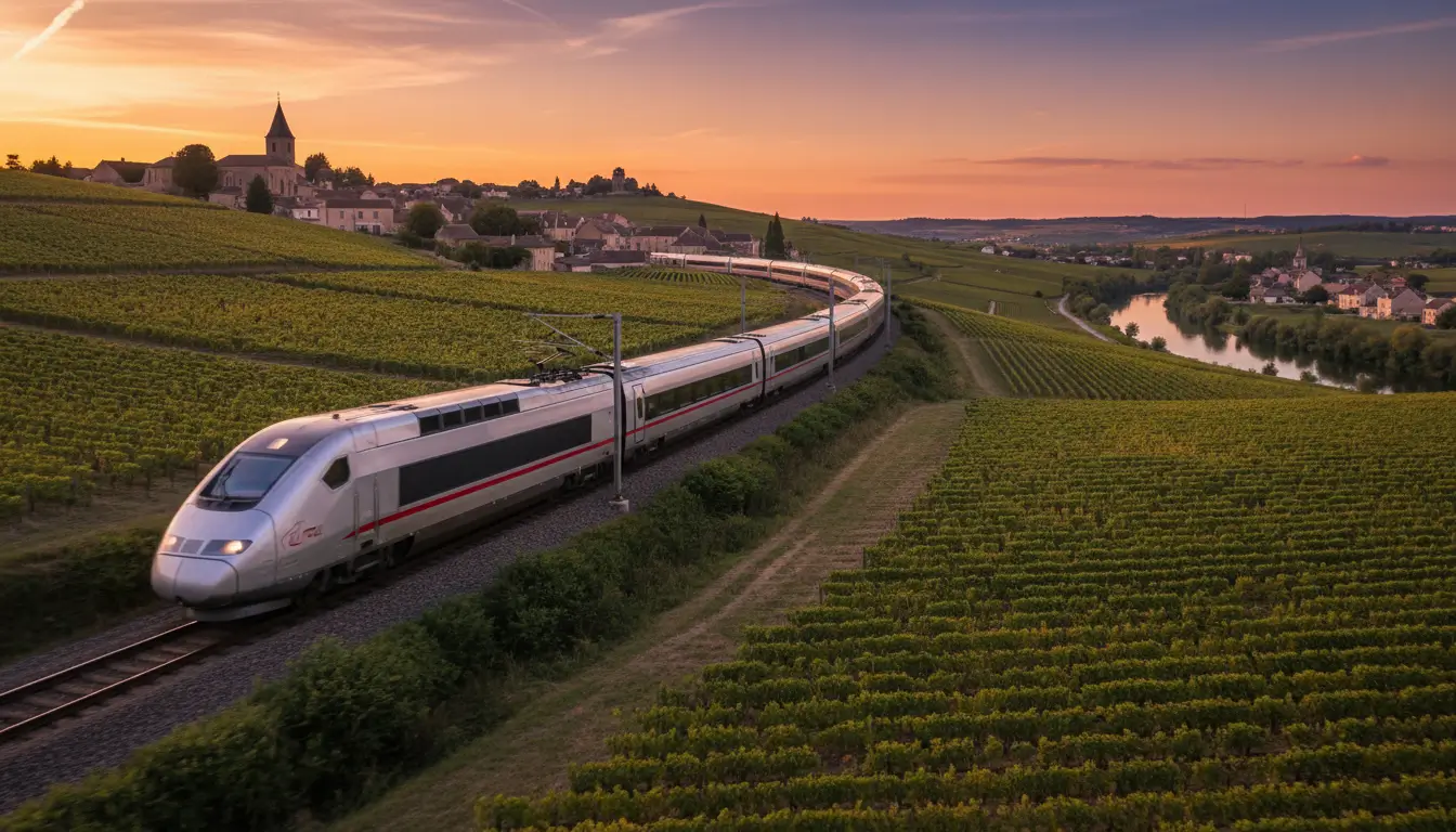Een moderne hogesnelheidstrein, zoals een TGV of ICE, die door het landschap snelt