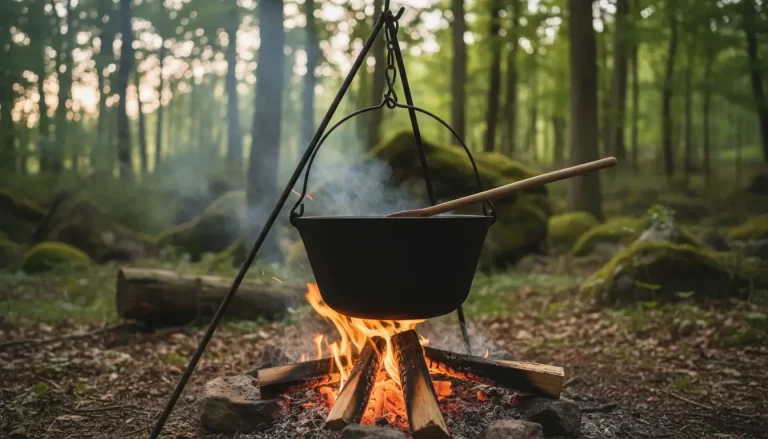 Een stevige, gietijzeren Dutch oven die boven een zorgvuldig geconstrueerd kampvuur hangt, waaruit rookpluimen opstijgen. Een houten lepel rust op de rand.