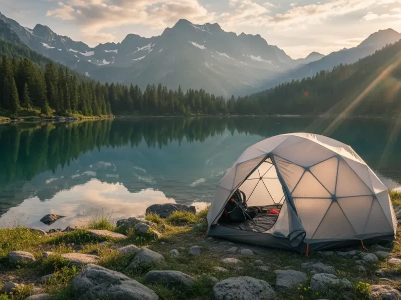 Een moderne koepeltent, zorgvuldig opgezet, met de rits van de ingang een klein beetje open.