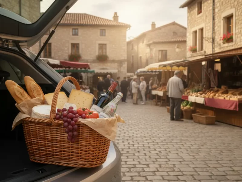 Een volle, rieten boodschappentas met lokale Europese producten, zoals stokbrood, kaas, vers fruit en een fles water of wijn.