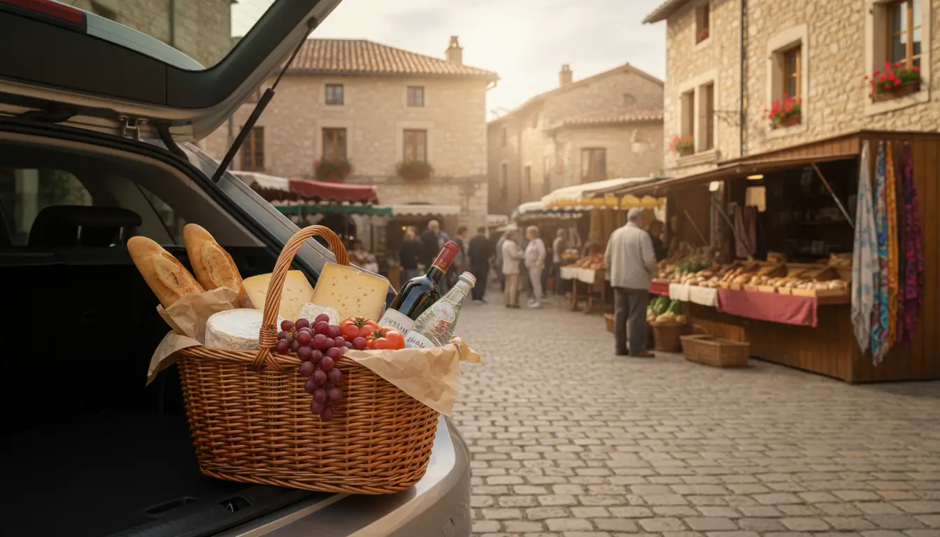 Een volle, rieten boodschappentas met lokale Europese producten, zoals stokbrood, kaas, vers fruit en een fles water of wijn.
