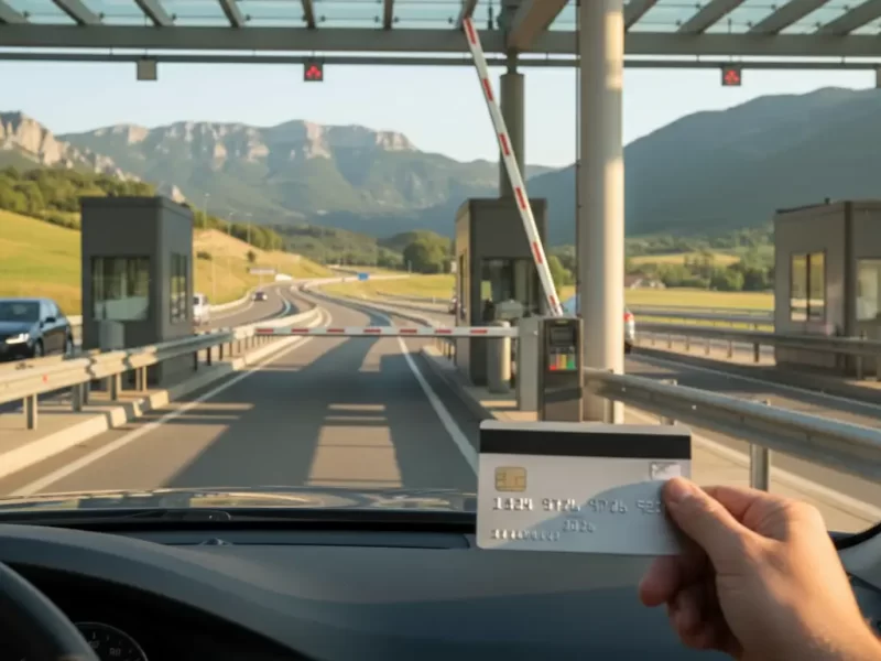Een hand die een creditcard presenteert bij een betaalautomaat van een tolpoortje.