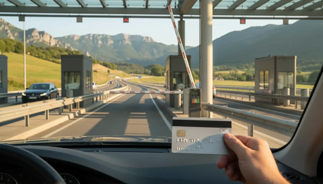 Een hand die een creditcard presenteert bij een betaalautomaat van een tolpoortje.