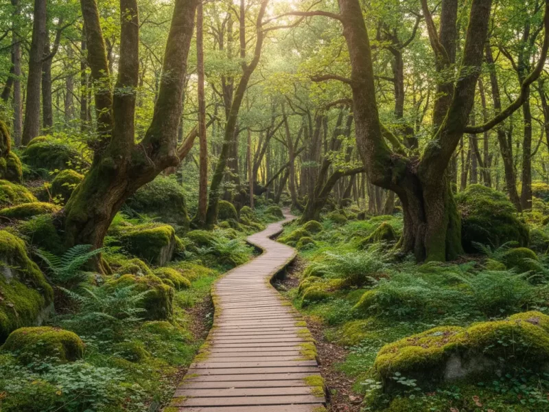 Een pad van houten planken dat door een bos slingert