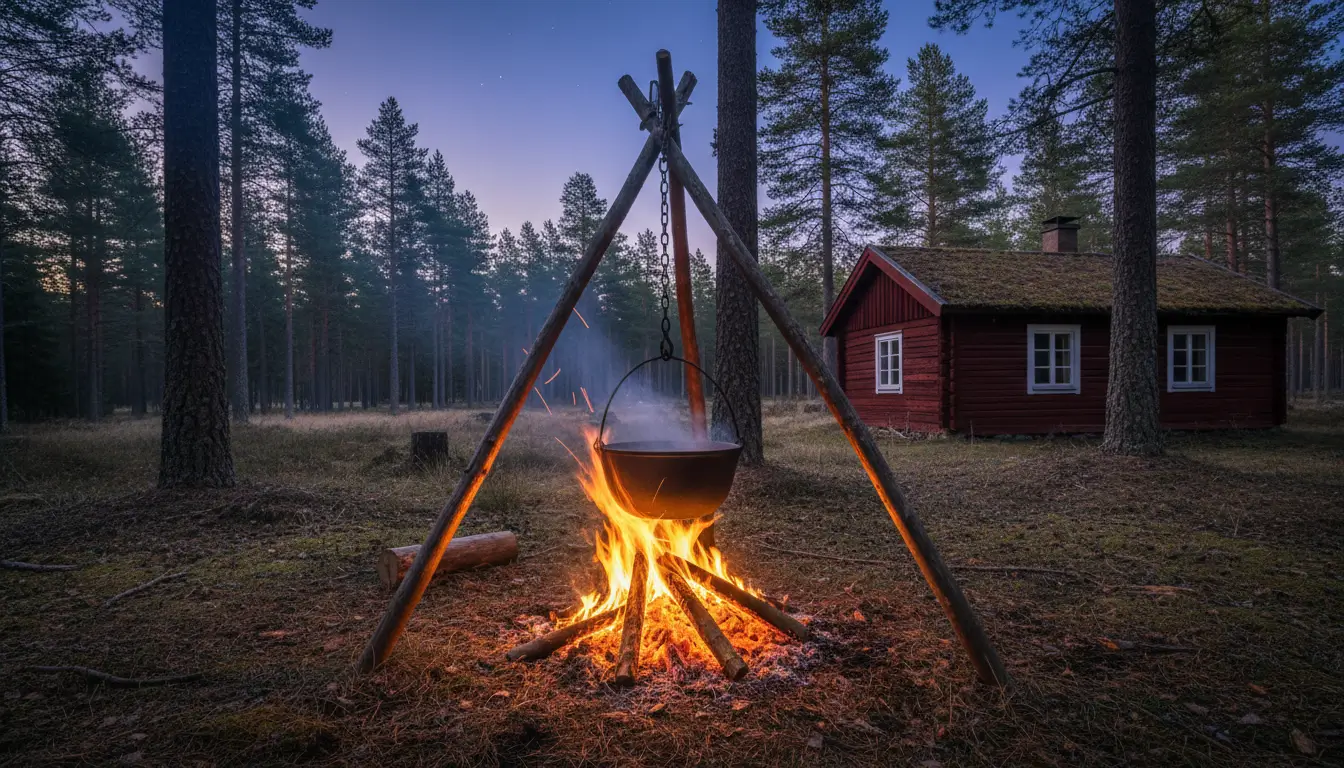 Een brandend kampvuur met een gietijzeren pot die erboven hangt, bereid voor het koken.