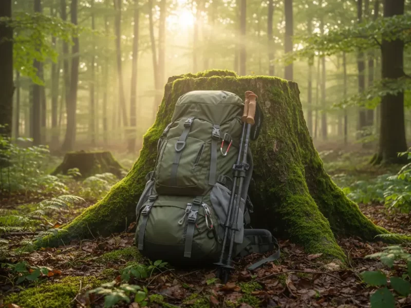 Een rugzak met wandelstokken leunend tegen een bemoste boomstronk.
