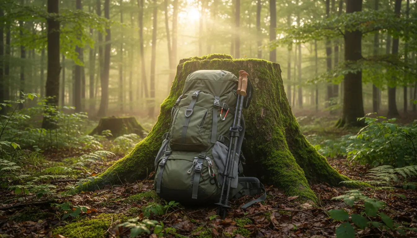 Een rugzak met wandelstokken leunend tegen een bemoste boomstronk.