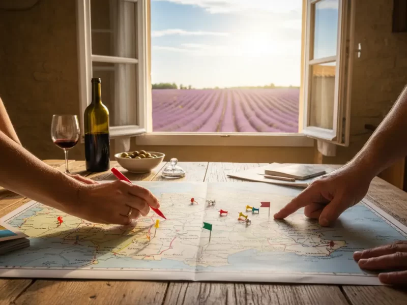 Twee handen die een route markeren op een grote papieren landkaart van Frankrijk.