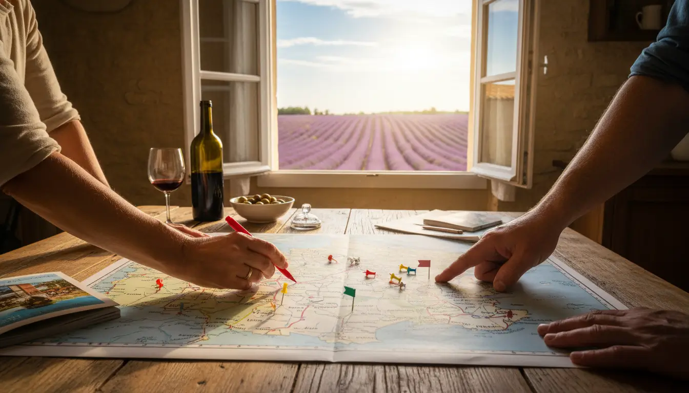 Twee handen die een route markeren op een grote papieren landkaart van Frankrijk.