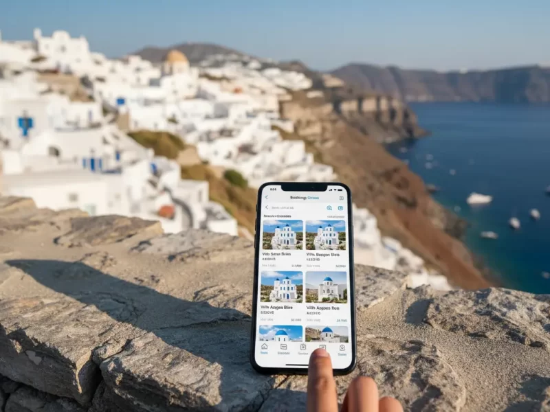 Een smartphone met een geopende booking-app voor accommodatie.